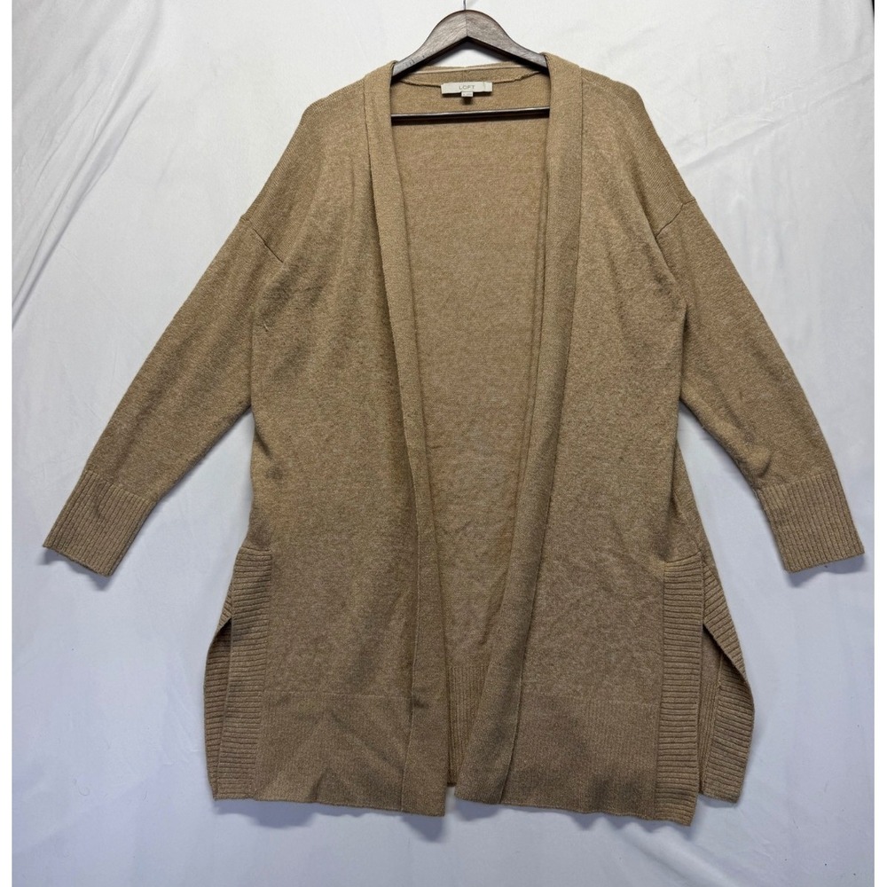Loft Cardigan Sweater Womens Medium Tan Acrylic Side Slits Tight Knit Open Front